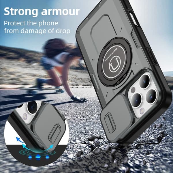 iPhone 16 Pro Max Skal med Sliding Camshield TPU Hybrid PC Magnetisk Hållare Grå