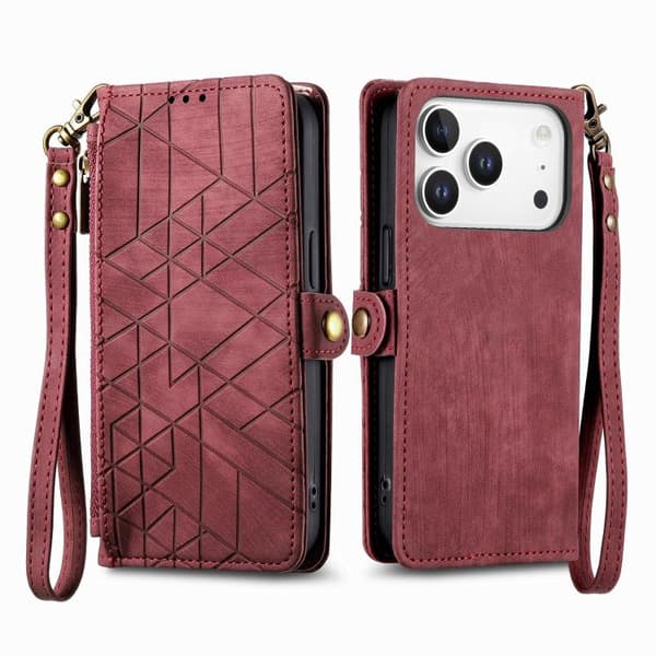 iPhone 17 Pro Max Skal läderfodral med geometrisk dragkedja och sidobuckle Röd