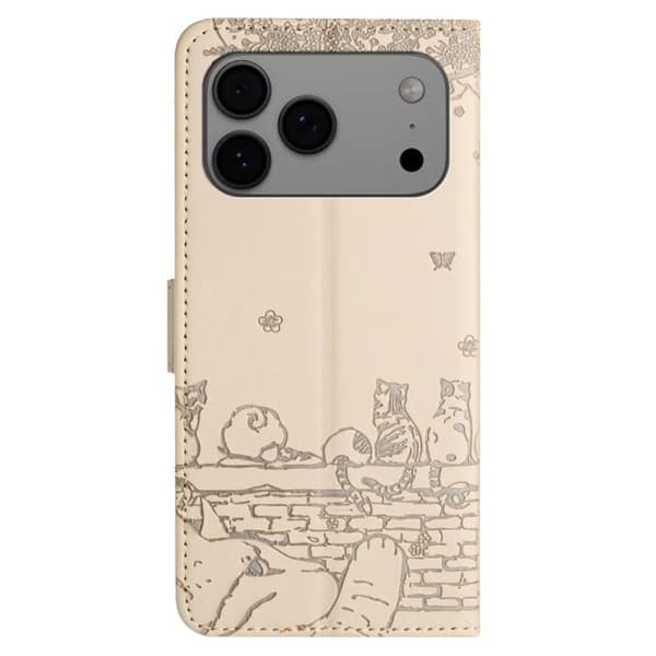 iPhone 18 Pro Max / iPhone 17 Pro Max Skal läderfodral med kattprägling och rem Beige