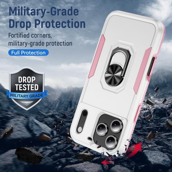 iPhone 18 Pro Max / iPhone 17 Pro Max Skal Pioneer Armor Heavy Duty PC + TPU med Hållare Vit+Rosa