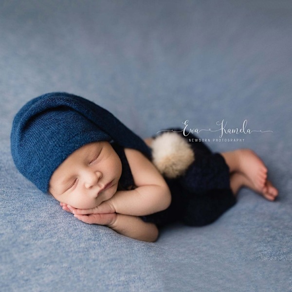 Nyfödd Fotografering Kläder Baby Fotografering Pälsboll Stickad Lång Svans Mössa Blå