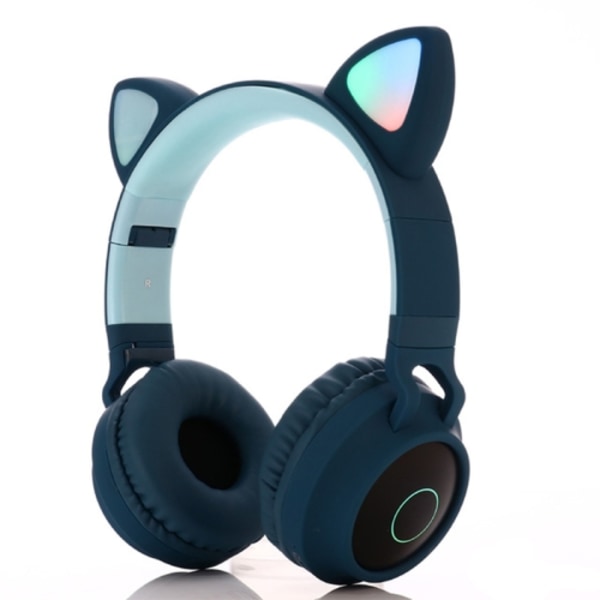 BT028C Söta Kattöron Bluetooth 5.0 Hörlurar Vikbara On-Ear Stereo Trådlöst Headset Hörlurar med Mikrofon / LED-ljus / FM-radio / TF-kort Grön