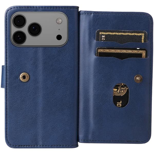 iPhone 18 Pro / iPhone 17 Pro Skal läderfodral med multifunktion och 10 kortfack Mörkblå