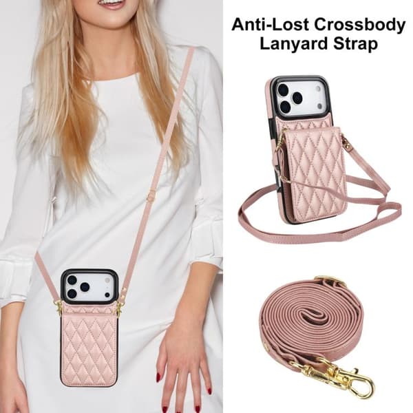 iPhone 18 Pro Max / iPhone 17 Pro Max Skal med RFID och Rhombisk Korthållare Roséguld