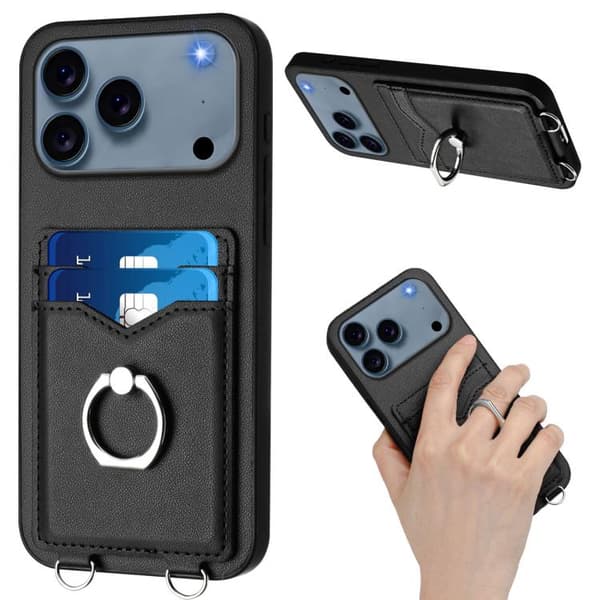 iPhone 18 Pro / iPhone 17 Pro Skal med Korsa Rep Ring och Kortfack Svart