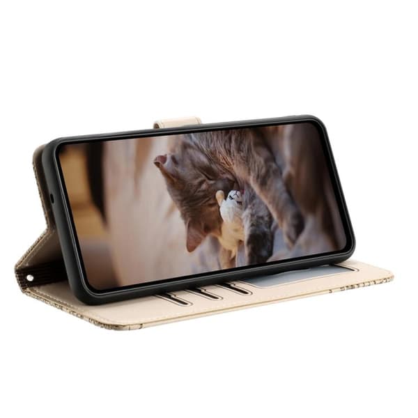iPhone 18 Pro / iPhone 17 Pro Skal läderfodral med kattprägling och rem Beige