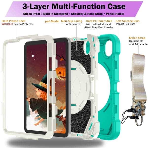 iPad mini 6 / mini 2024 Bat Hand Grip Turntable Skal - Läderfodral Mintgrön Vit