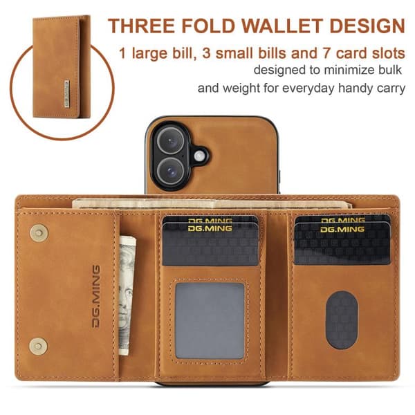 iPhone 17 Skal läderfodral DG.MING M1 Series 3-Fold Multi Card Wallet Brun