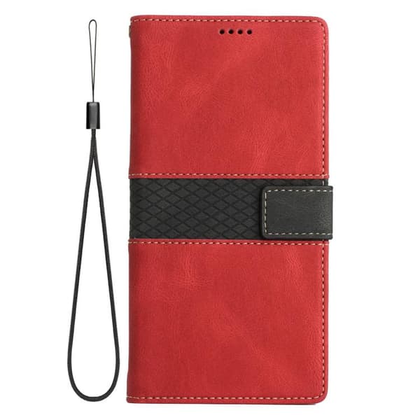iPhone 18 Pro Max / iPhone 17 Pro Max Skal läderfodral med lanyard - Grid Stitching Röd