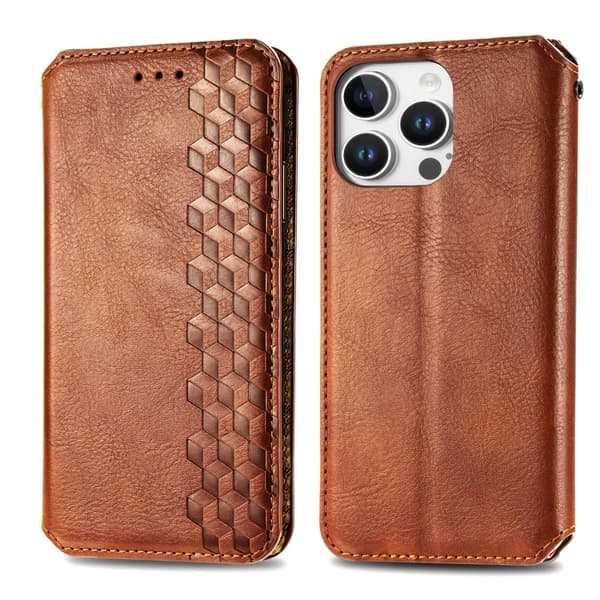 iPhone 16 Pro Cubic Grid Pressad Magnetisk Läder Skal - Fodral Brun