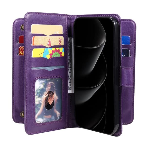 iPhone 18 Pro Max / iPhone 17 Pro Max Skal Läderfodral med Multifunktion och 10 Kortfack Violett
