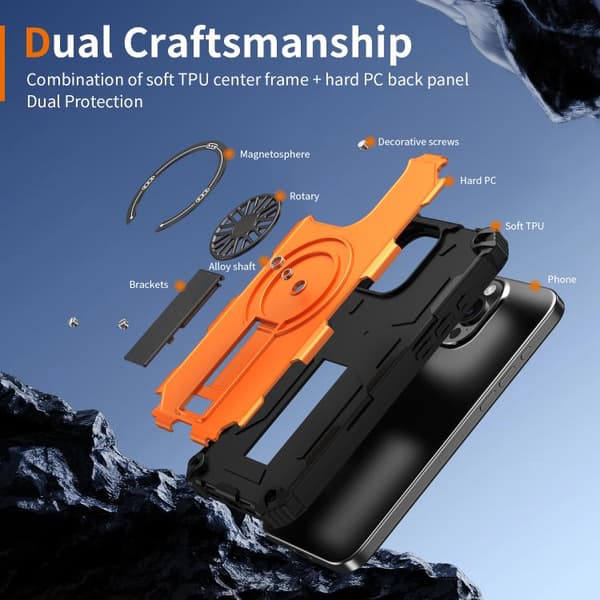 iPhone 16 Pro Max Shockproof Kickstand Metallic Shaft MagSafe Skal Orange