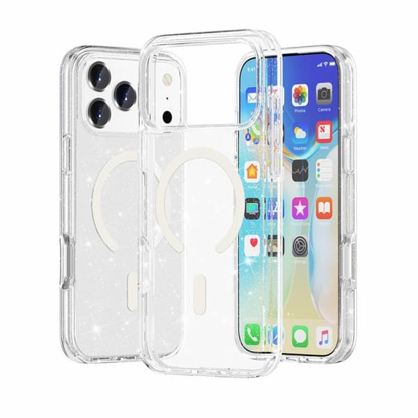 iPhone 18 Pro Max / iPhone 17 Pro Max Skal - Terminator Stil med Glittrande Pulver och MagSafe Magnet Vit