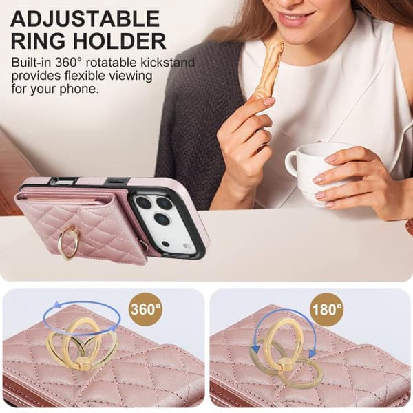 iPhone 18 Pro / iPhone 17 Pro Skal med Rhombisk Textur och Lång Rem Roséguld