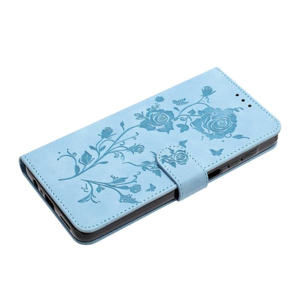 iPhone 18 Pro Max / iPhone 17 Pro Max Skal läderfodral med rosblomma präglad mönster Himmelsblå