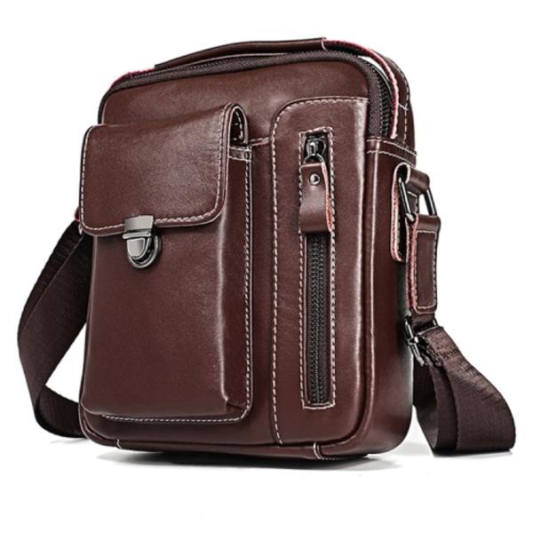 6029 Multifunktionell Fashion Top-grain Läder Messenger Bag Casual Herr Axelväska Kaffe