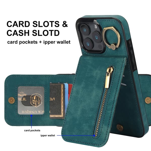 iPhone 16 Pro Max Retro Ring och Zipper RFID Kortfack Skal Blå
