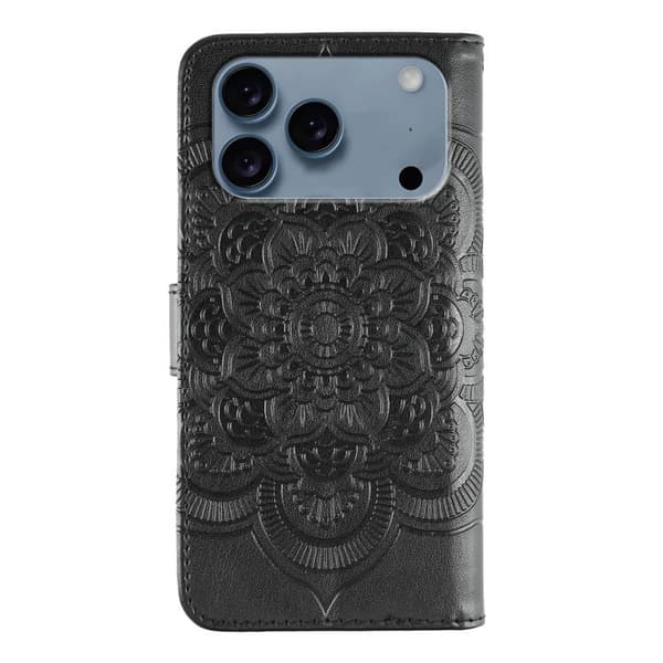 iPhone 18 Pro / iPhone 17 Pro Skal läderfodral med sol mandala präglad design Svart