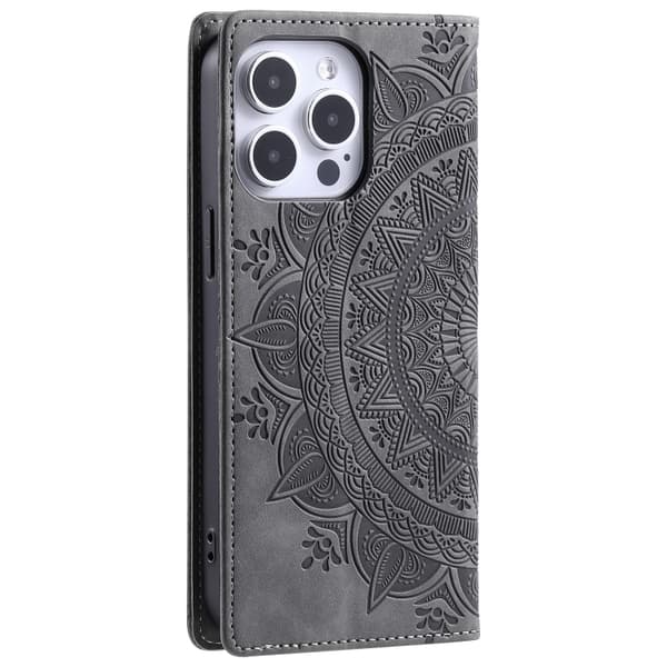 iPhone 16 Pro Max Totem Prägad Magnetisk Läder Skal - Elegant Fodral för iPhone 16 Pro Max Grå
