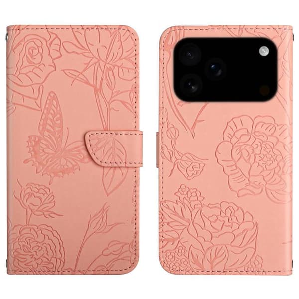 iPhone 18 Pro Max / iPhone 17 Pro Max Skal läderfodral med fjärilsprägling och flip-design Rosa