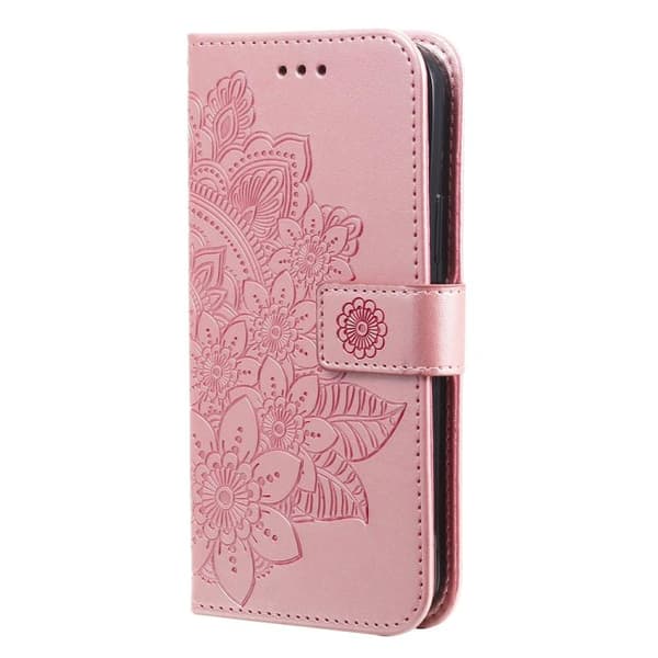 iPhone 18 Pro / iPhone 17 Pro Skal läderfodral med sju-bladiga blommor - relief Roséguld