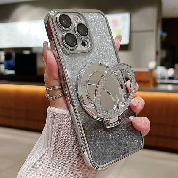 iPhone 16 Pro Pläterad Spegelhållare Gradient Glittrig MagSafe Skal Grå
