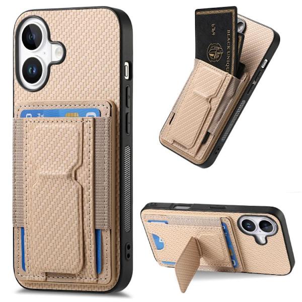 iPhone 17 Skal - Kolfiber med Fällbart Ställ och Elastisk Kortficka Kaki