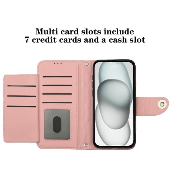 iPhone 18 Pro Max / iPhone 17 Pro Max Skal läderfodral med rhombisk textur och lanyard Korallrosa