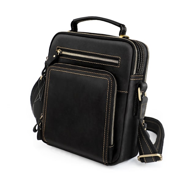 6050 Crazy Horse Textur Äkta Läder Crossbody Väska för Män Svart