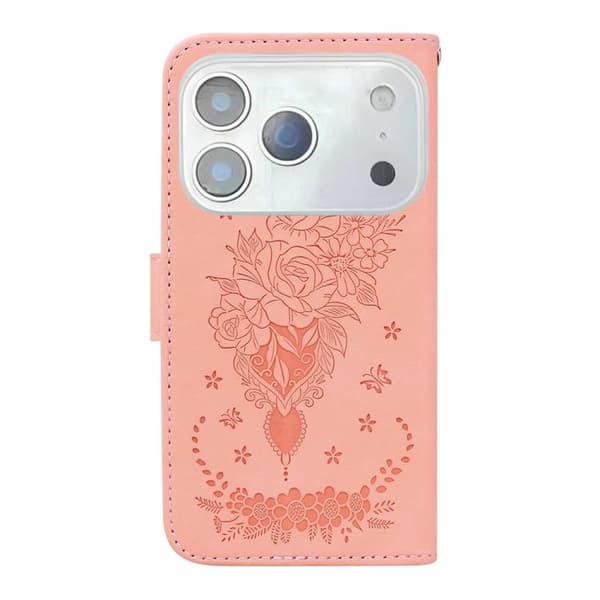 iPhone 18 Pro / iPhone 17 Pro Skal Läderfodral med Embossed Butterfly Rose Rosa