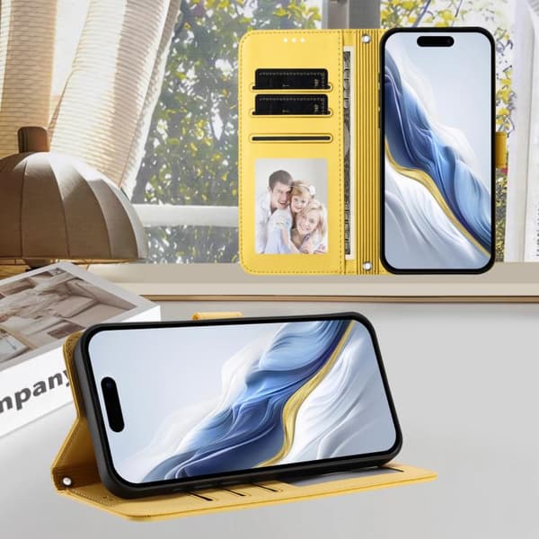 iPhone 18 Pro / iPhone 17 Pro Skal läderfodral med präglat hjärta och kattdesign samt handrem Gul