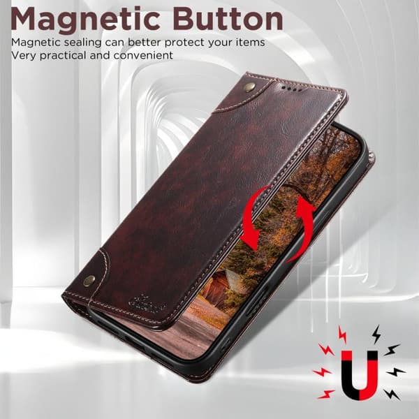 iPhone 17 Skal läderfodral - Baroque Kalvtextur med Spänne Brun