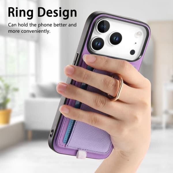 iPhone 18 Pro Max / iPhone 17 Pro Max Retro Cross Läder Ring Sidoficka MagSafe Skal Purpur