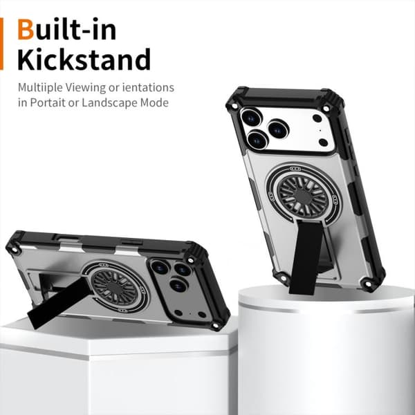 iPhone 18 Pro Max / iPhone 17 Pro Max Shockproof Kickstand Metallic Shaft MagSafe Skal Silver