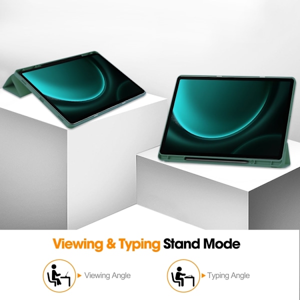 Samsung Galaxy Tab S9 FE+/S10+ Skal i TPU Smart Läder med Penna Fack - 3-Faldig Ren Färg Mörkgrön