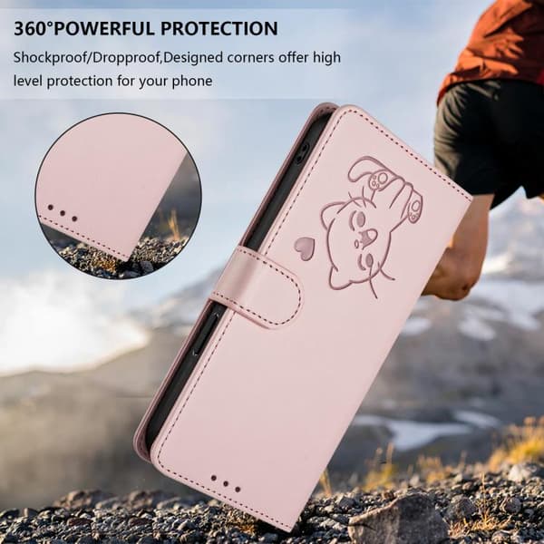iPhone 18 Pro Max / iPhone 17 Pro Max Skal läderfodral med präglat hjärta och kattdesign samt handrem Rosa