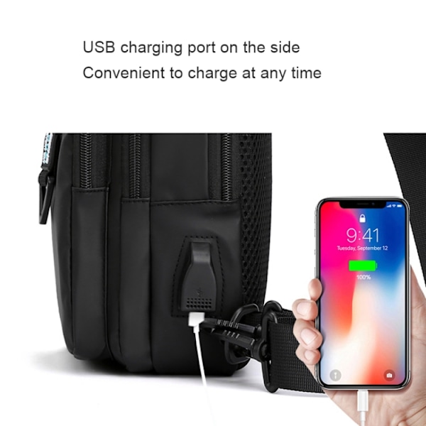 HAOSHUAI 1100-17 Herr Bröstväska Casual Axelväska USB Laddning Bröstväska Svart