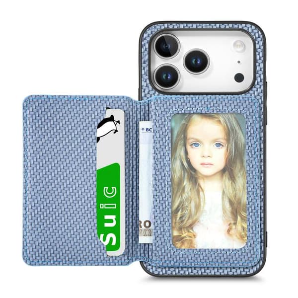 iPhone 17 Pro Max Skal - kolfiber med magnetisk kortplånbok och RFID-skydd Blå