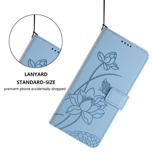iPhone 18 Pro / iPhone 17 Pro Skal läderfodral med lotusprägling och lanyard Blå
