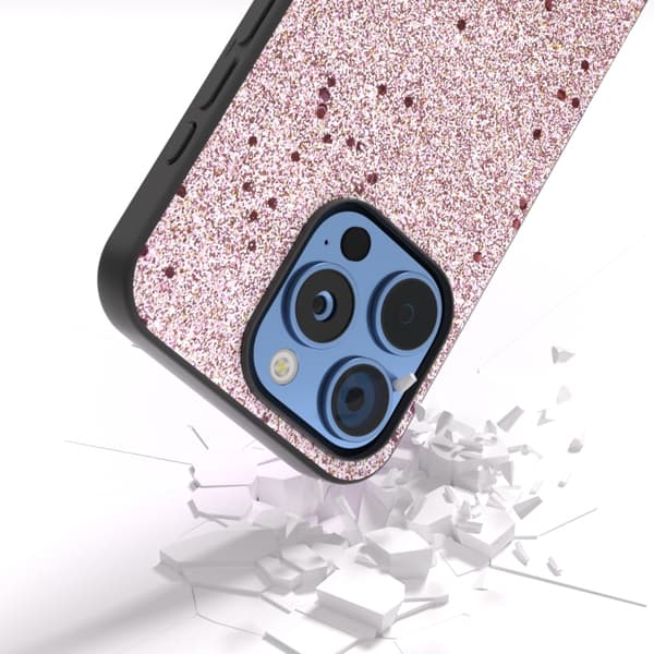 iPhone 16 Pro Max Glitter Shockproof Skal med Svart Ram Guldrosa