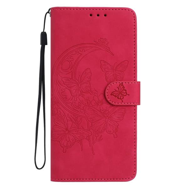 iPhone 18 Pro Max / iPhone 17 Pro Max Skal läderfodral med månbelyst fjärilsdansmönster Rosröd