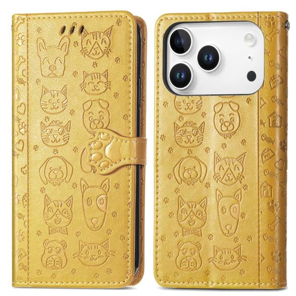 iPhone 18 Pro Max / iPhone 17 Pro Max Skal läderfodral med präglade katter och hundar Gul