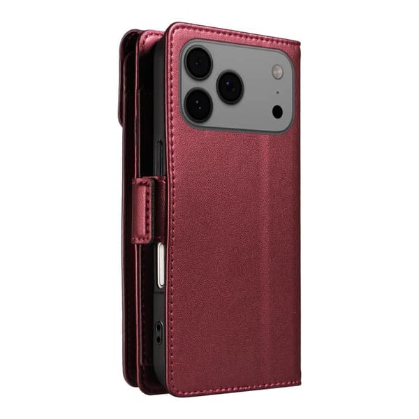 iPhone 18 Pro Max / iPhone 17 Pro Max Skal Läderfodral med Rem för Flera Kort Röd
