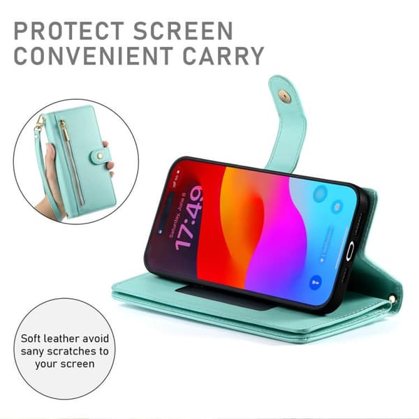 iPhone 18 Pro Max / iPhone 17 Pro Max Skal läderfodral med nio kortfack och dragkedja Mintgrön