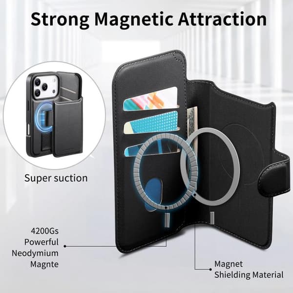iPhone 18 Pro Max / iPhone 17 Pro Max Skal Läderfodral med Neo Finger Grip Rem och MagSafe Svart