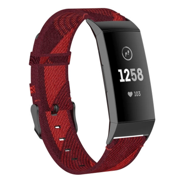 För Fitbit Charge 4 / Charge 3 / Charge 3 SE Rostfritt stål huvud korn Nylon Denim ersättningsrem klockband Red Stripe