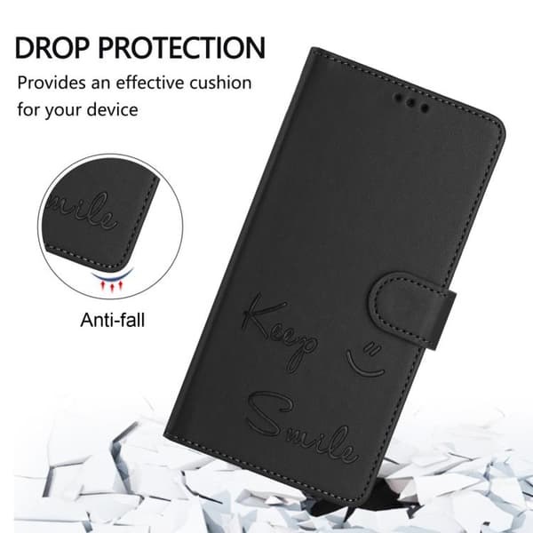 iPhone 18 Pro / iPhone 17 Pro Skal läderfodral med Smile Embossing och RFID Svart