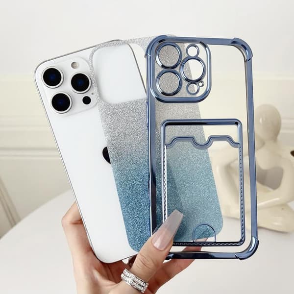 iPhone 18 Pro Max / iPhone 17 Pro Max Skal med Fyrhörn Glitter Elektropläterad Kortficka Silver