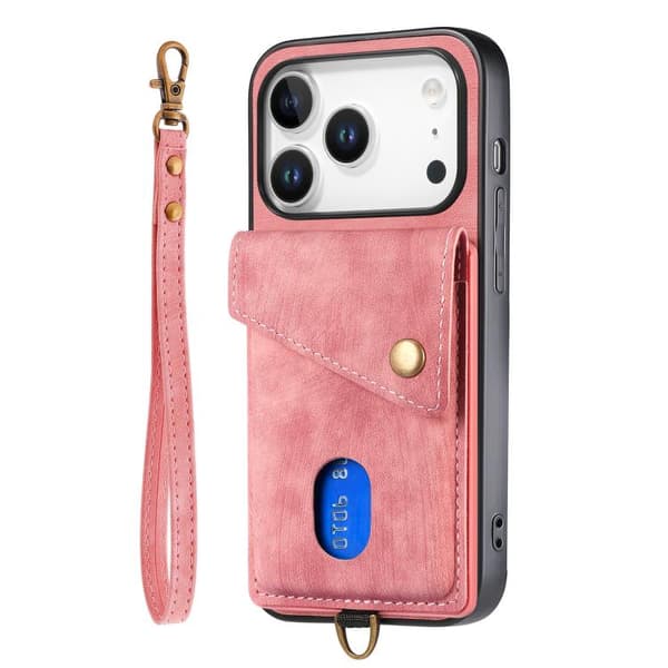 iPhone 18 Pro / iPhone 17 Pro Skal läderfodral med retro kortficka och rem Rosa