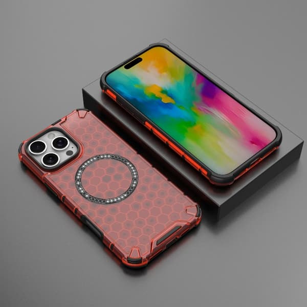 iPhone 16 Pro Honeycomb Magnetisk Ring Stötsäker Skal Röd